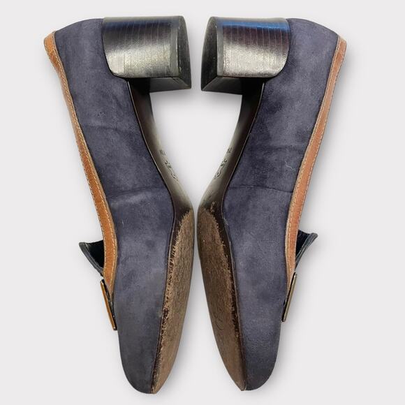 TORY BURCH navy suede & brown leather block career office heels size 7.5 - Picture 4 of 9